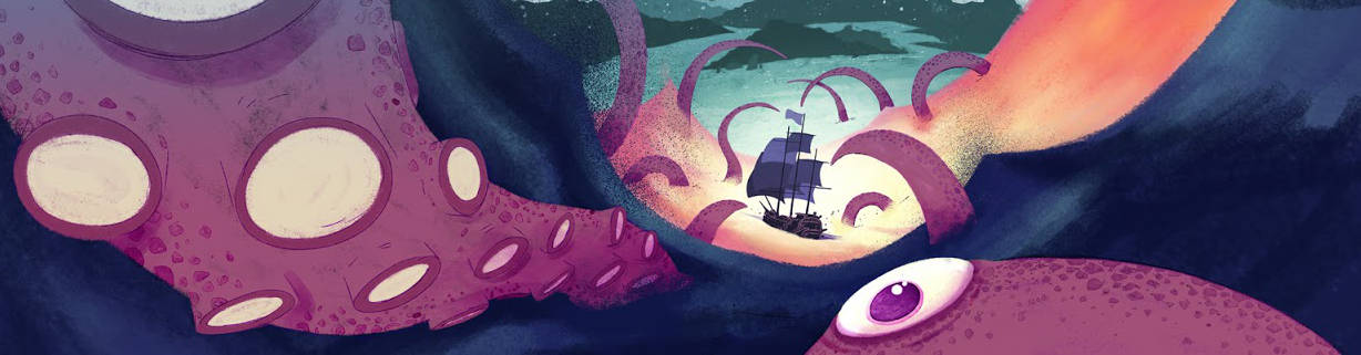 Tentacles closing in on a sailing ship - artwork by Oriol Vidal